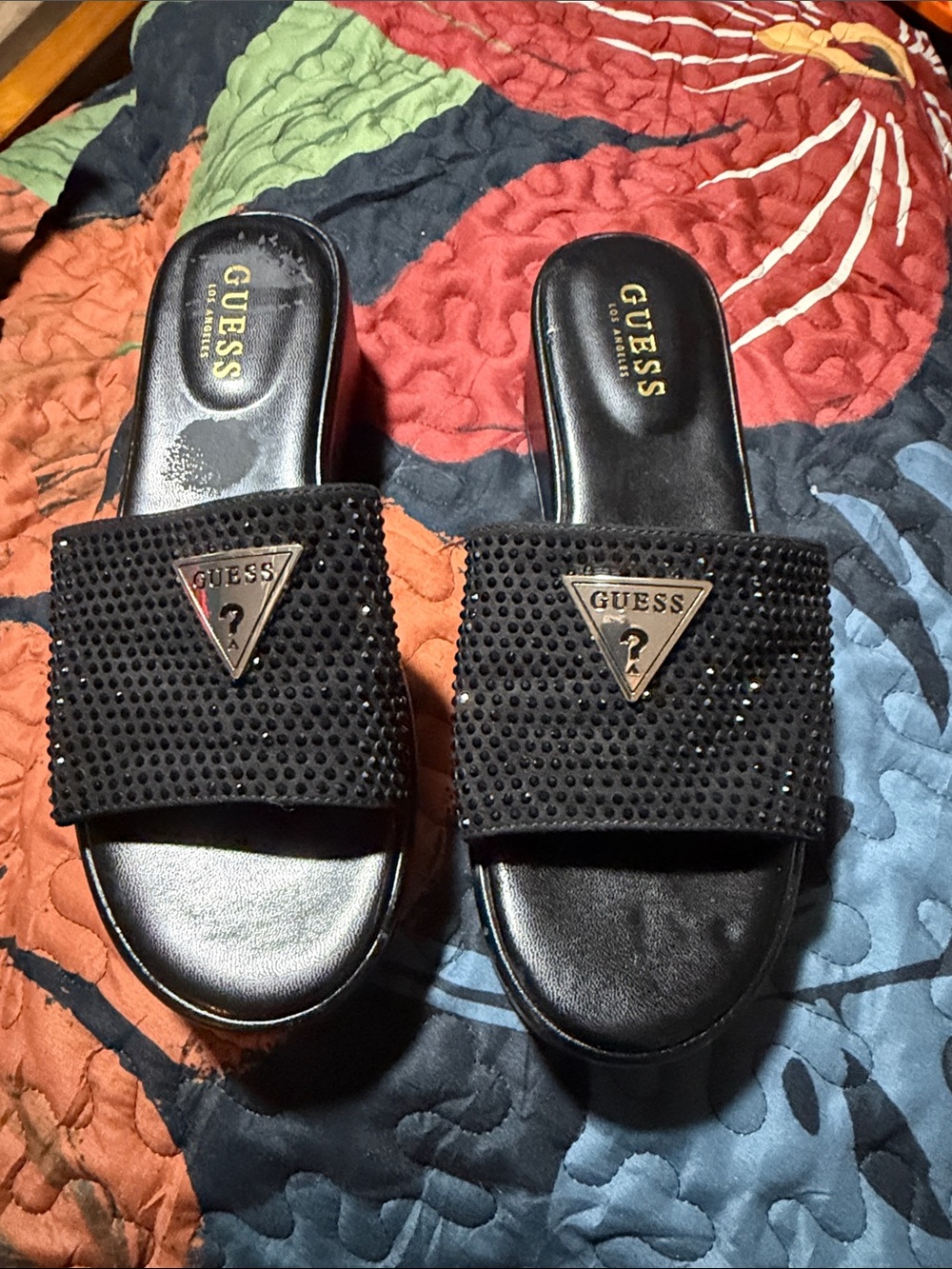 GUESS Black Rhinestone Slides wedge Mules clogs with Gold Logo Triangle size 8